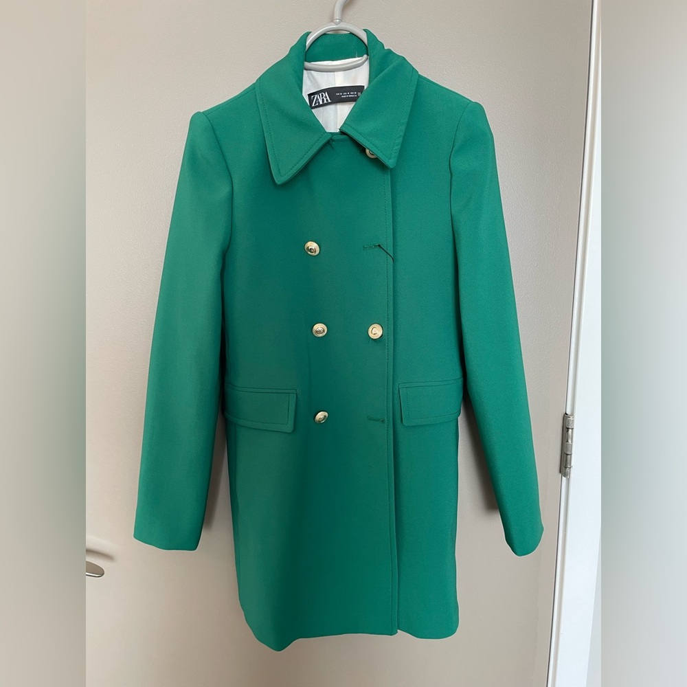 Zara Lined Midi Emerald Green Double-Breasted Pea Coat with Gold Buttons